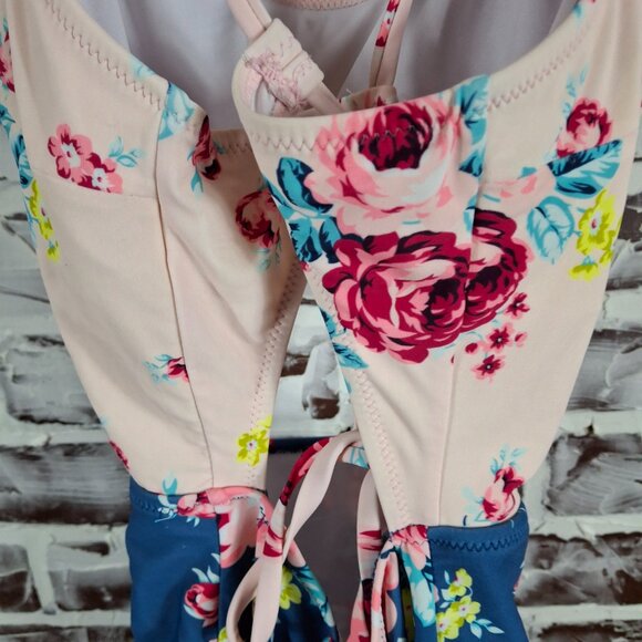 Cupshe XL One Piece Swimsuit Blue Pink Floral Open Front - Picture 5 of 6